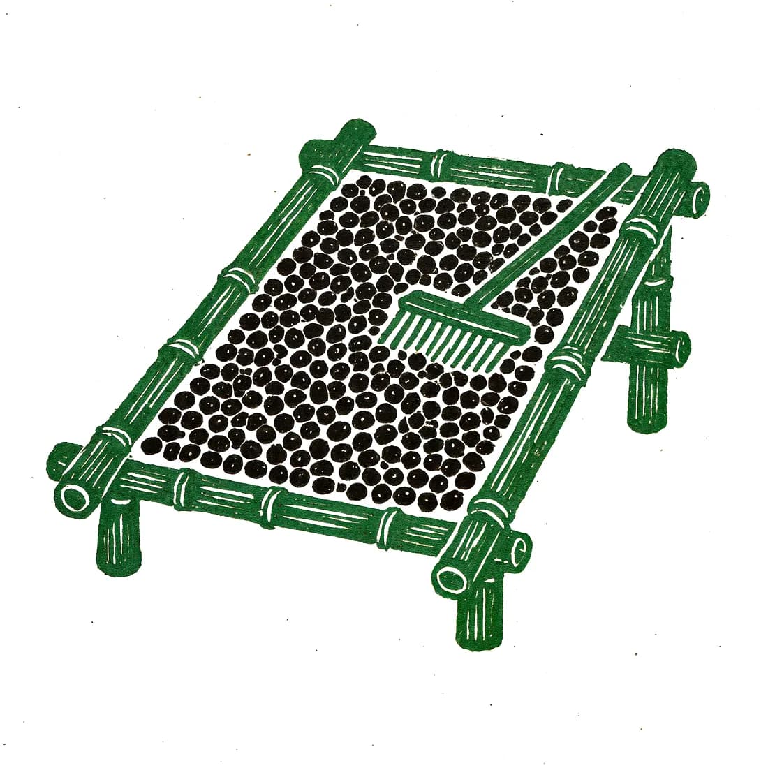 Linocut print of coffee cherries drying on a raised bamboo bed