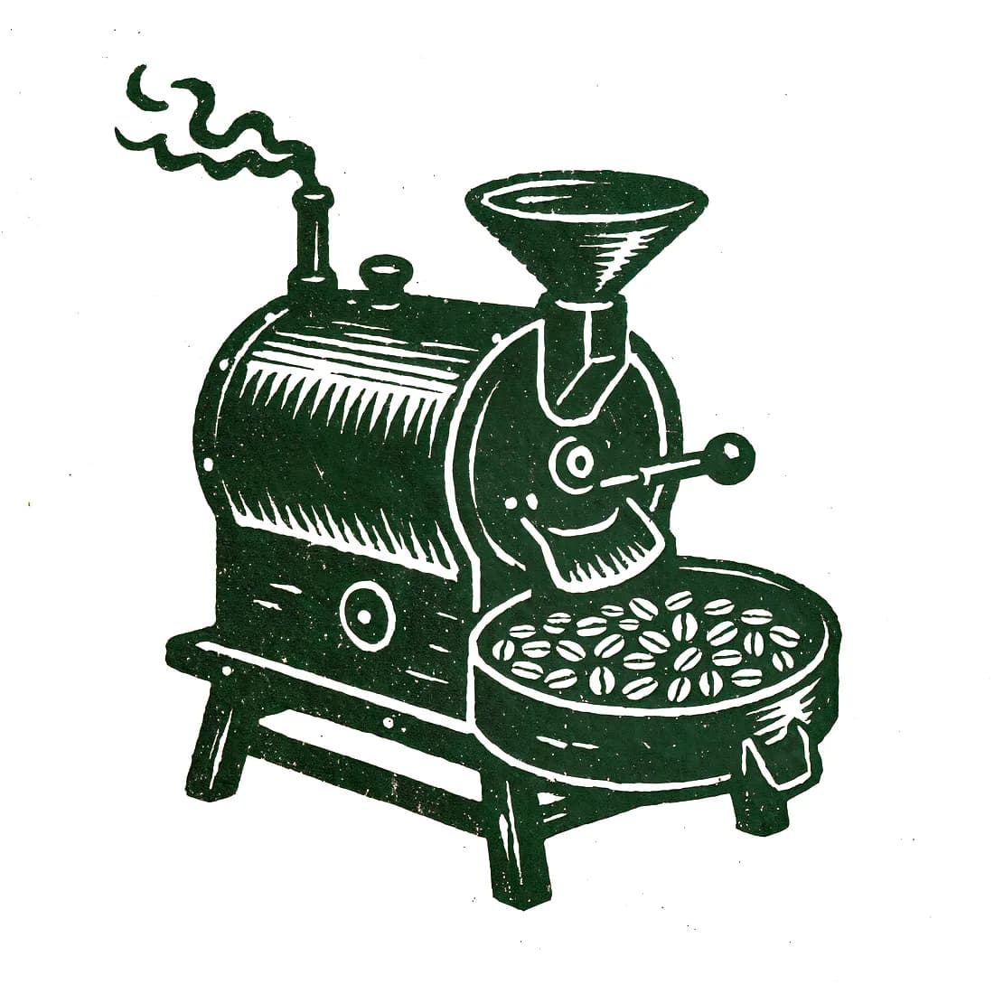 Linocut print of coffee beans roasting in a pan over a wood fire