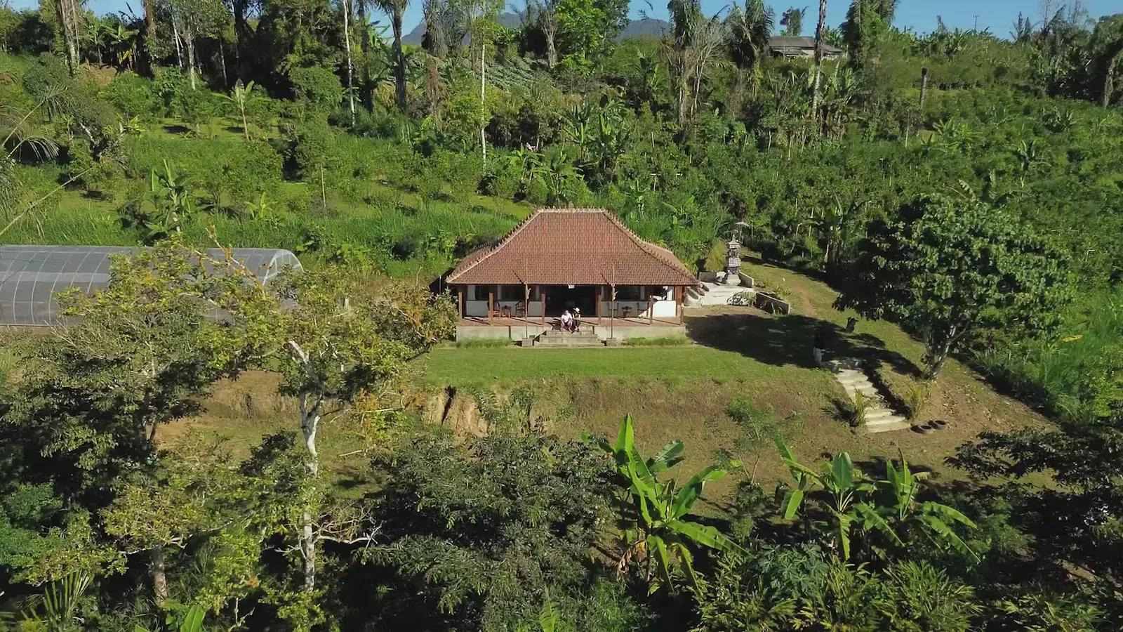The wooden house at The HUT seen from above, with the hosts sitting on the front steps and coffee gardens all around
